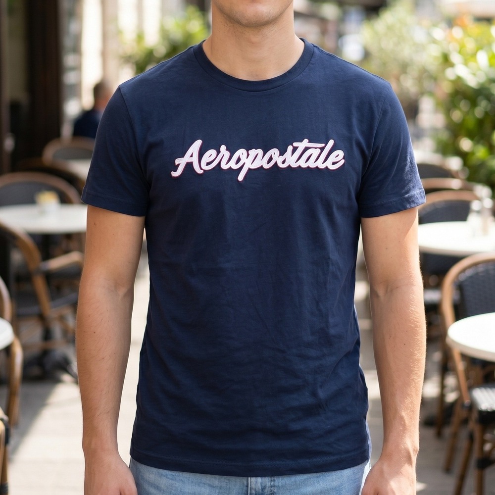 Aeropostale Mens Navy Blue Script Logo Short Sleeve Crewneck T-Shirt 4728